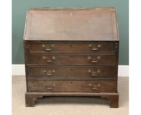 GEORGIAN OAK BUREAU with four drawers, on bracket feet, 106 (h) x 105 (w) x 55cms (d)Provenance: deceased estate Conwy