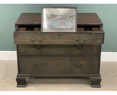 VICTORIAN MAHOGANY SECRETAIRE CHEST having three long drawers with fitted interior top drawer, on bracket feet, 92 (h) x 117 