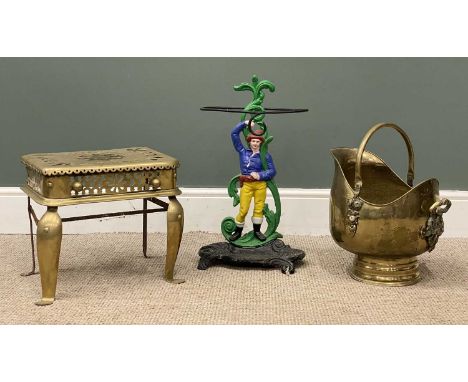 THREE METAL FURNISHINGS comprising pierce-work brass footman, 35 (h) x 38 (w) x 30cms (d), brass swing-handled helmet coal sc