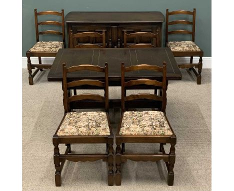 BELIEVED ERCOL DINING SUITE comprising draw leaf table, 74 (h) x 175 (w) x 71cms (d), six tapestry seated chairs and a dresse