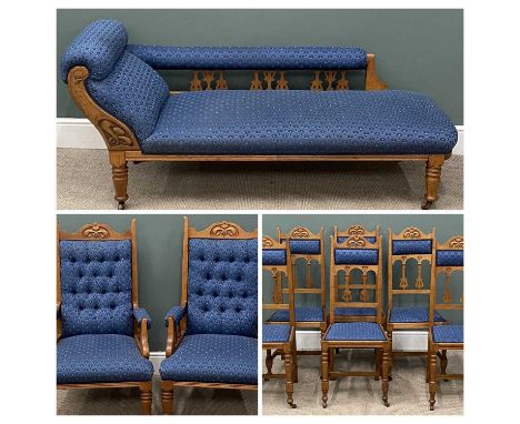 NINE PIECE EDWARDIAN ART NOUVEAU OAK PARLOUR SUITE comprising chaise, 73 (h) x 175 (w) x 65cms (d) and two armchairs and six 
