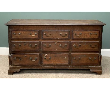 19TH CENTURY OAK LANCASHIRE CHEST with multi-drawer front, on bracket feet, 86 (h) x 159 (w) x 55cms (d)Provenance: deceased 