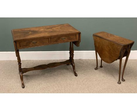 REPRODUCTION WALNUT SOFA TABLE & ANOTHER the sofa-table with two drawers, 72 (h) x 91/136 (w) x 51cms (d) and a small burr wa