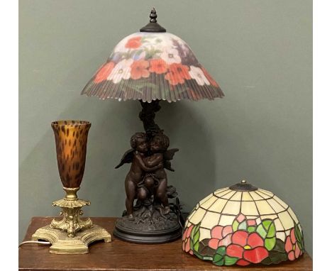 ART GLASS TABLE LAMPS the principal Tiffany style lamp with cherub base and floral shade, 58cms (h), together with mottled gl