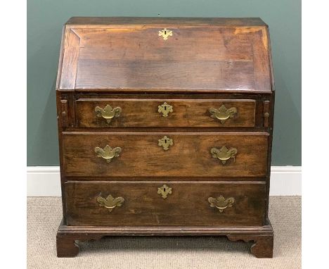 19TH CENTURY OAK BUREAU with three drawers, brass drop handles, bracket feet, 101 (h) x 96 (w) x 50cms (d)Provenance: private