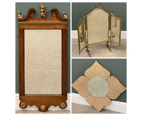 THREE VARIOUS MIRRORS comprising Art Deco tinted petal-form wall mirror, 76 x 76cms, standing brass three-section folding mir