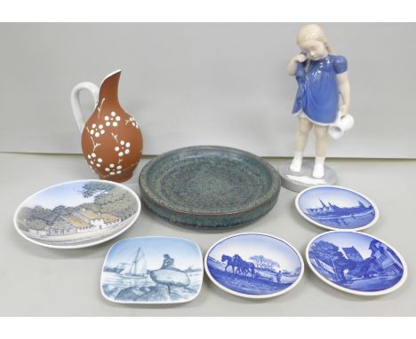 Danish ceramics; eight items, Palshus dish, Bing &amp; Grøndahl figure and plaque, four small Royal Copenhagen dishes and a p