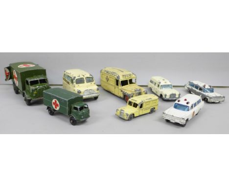 Eight vintage die-cast model ambulances; two Dinky Toys including military, one Corgi Toys and five Lesney