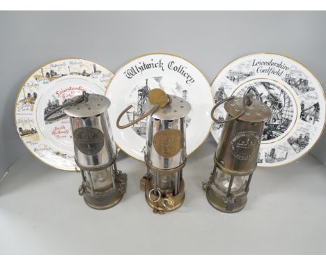 Three Eccles miners lamps Protector Lamp and Lighting, two type GR6S M&amp;Q. Together with a small miners lamp, miners plate