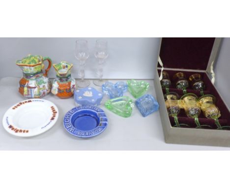 A set of four glass playing card suit ashtrays, a set of six glass liqueurs in original box, two Mason's Patent Ironstone chi