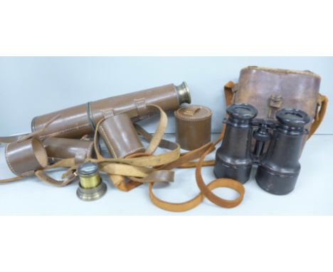 A brass telescope and a pair of field glasses, case stamped 1916