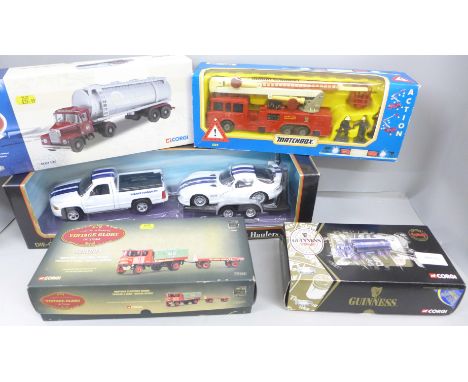 A collection of boxed model vehicles comprising Matchbox EM-10 fire engine, Corgi Kings of the Road, Corgi Vintage Glory Sent