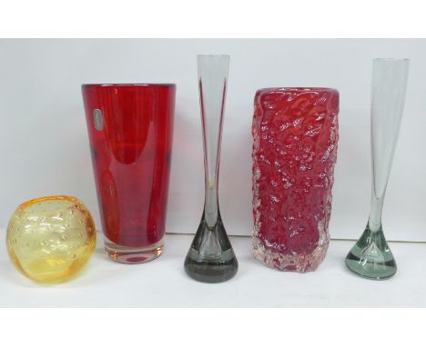 A Whitefriars ruby glass vase, with Whitefriars sticker, a bark design vase, a ‘bubble’ bowl and two glass specimen vases