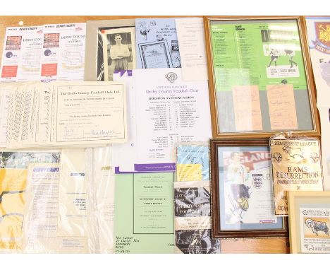 A collection of assorted Derby County memorabilia to include: modern team sheets, share certificates, West Ham United v Derby