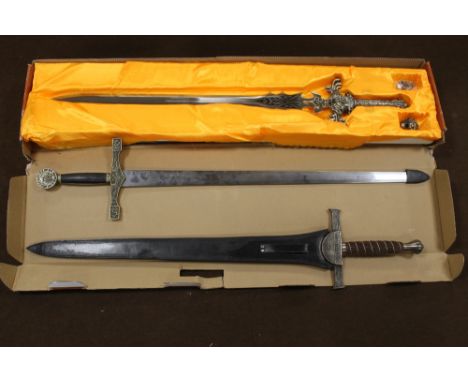 THREE FULL SIZE FANTASY SWORDS TO INCLUDE BOXED KING ARTHUR'S EXCALIBUR, boxed Eastern Style Sword and Highlander 'Maclead' s