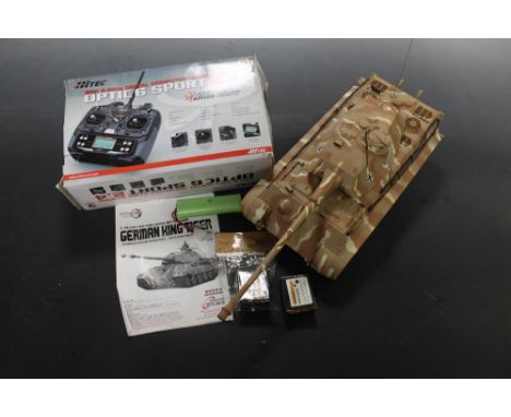 A HENGLANG 1/16TH SCALE GERMAN KING TIGER RADIO CONTROL BATTLE TANK complete with boxed Hitec optic 6 sport 2.4 controller, b