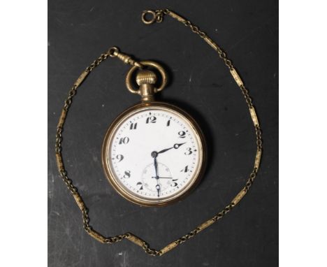AN EARLY 20TH CENTURY OPEN FACE GOLD PLATED POCKET WATCH IN DENNISON CASE. White Enamel dial with Roman Numeral Markers on ye