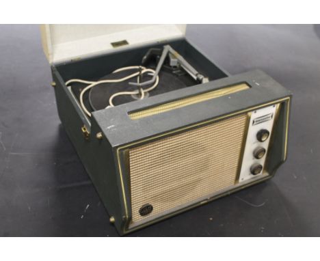 A VINTAGE DANSETTE RECORD PLAYER with model '50' Garrard turntable, two tone case in cream and dark green