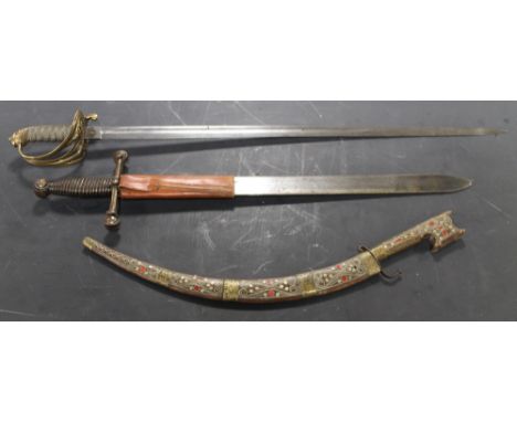 A WILKINSON DRESS SWORD together with an ornamental Eastern style knife and a reproduction Gladius style knife  (3)