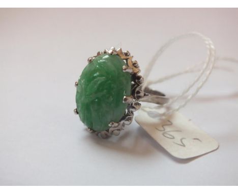 WHITE GOLD CARVED JADE SET DRESS  RING size N 10g.       