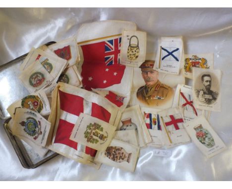 Tin with silk cigarette cards with ceramic art, etc. And  military        