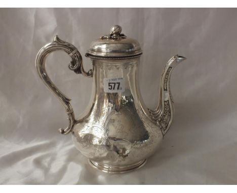 VICTORIAN PEAR SHAPED COFFEE POT, with  fruit finial, 9.5" over spout Sheff. 1860 by MH &amp; Co  715g.         