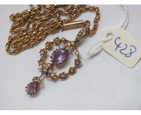 15ct PEARL AND AMETHIYST DROP PENDANT  on 15ct nech chain 9.5g.       