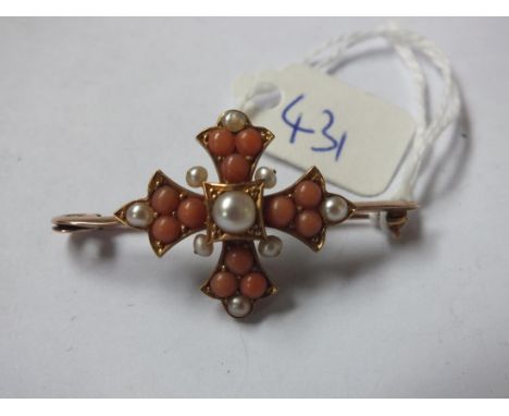 Victorian pearl and coral Maltese cross bar brooch  5.5g.         