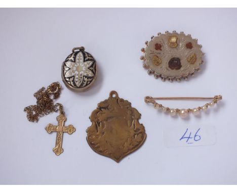 Bag containing silver &amp; gold inlay brooch  enamel locket etc       