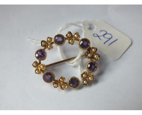 15ct gold pearl &amp; amethyst brooch 3.5g inc    