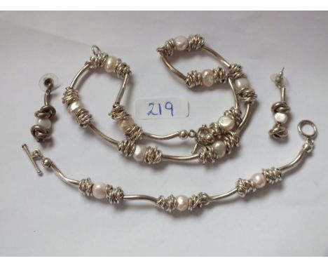 Heavy silver &amp; pearl matching necklace,  earrings and bracelet  110g inc     