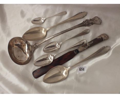 Three Chinese spoons, plated soup ladle, etc.   