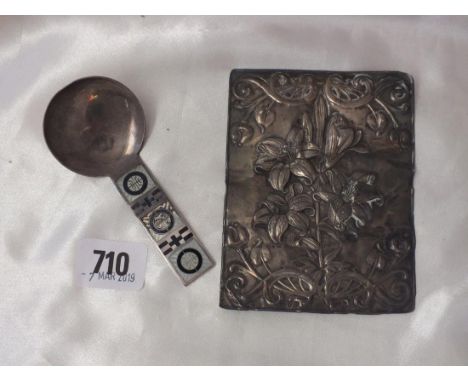 Continental enamelled caddy spoon .925, also a book  mount 45g.        