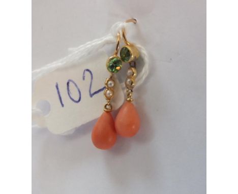 Antique gold drop earrings set with demantoid garnets,  pearls &amp; coral (solder repair)      
