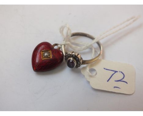 Victoian red enamelled pearl set heart  and a silver amethyst ring      