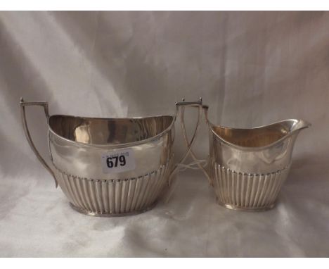 Heavy half reeded cream jug, matching sugar basin,  7" over handles Sheff. 1897/1903 by WWH 490g.   