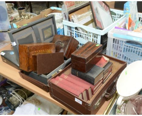 A group of four 19th century walnut and mahogany and other caddies; tog. with two vintage suitcases one containing a quantity