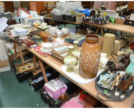 Seven trays inc. an Oxford mottle glazed jug, pottery horse models, topographical postcards, 19th century vases, West German 