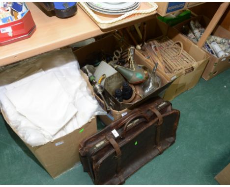 Three boxes inc. bed linens, wicker basket, vintage tennis rackets, partial hookah pipe, Edwardian brass coal bin, binoculars