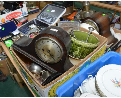 A box inc. a 1930s oak cased mantle clock, 1930s dressing table glass etc