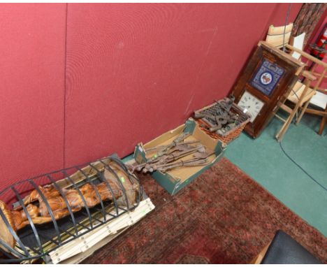 Three boxes inc. vintage fire tools, clamps, hay rack, fire screen, etc,; tog. with an American style wall clock