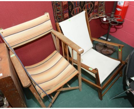 A folding garden chair with a wooden frame and canvas seat; tog. with a vintage directors chair