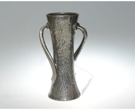 A Solkets for Liberty & Co English pewter twin handled vase with hammered decoration in the Art Nouveua taste. No. 030. Heigh