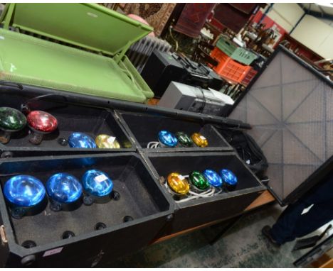 An industrial Electrovision speaker; tog. with a set of four disco lights and stands