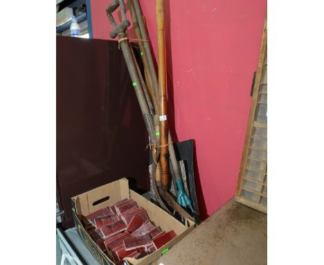 A group of vintage garden tools; tog. with a quantity of red glazed fireplace tiles