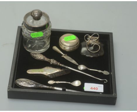 A group of silver inc. trowel form clip, silver mounted tortoiseshell letter clip, salt spoons, button hooks, jar etc