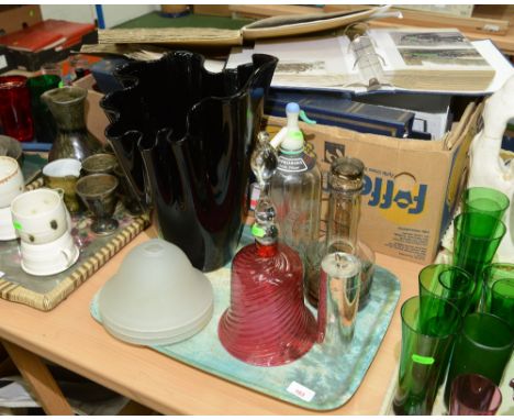 An impressive fluted glass flower vase together with a vintage soda stream bottle, a large cranberry glass bell and three fro