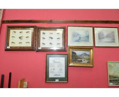 Two picture frames of salmon flies one frame by cummins and hardy one frame by local fly tyer both frames oak and burr walnut