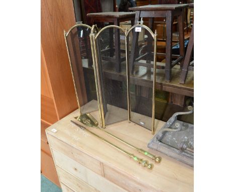 A mesh firescreen; tog. with two firetools