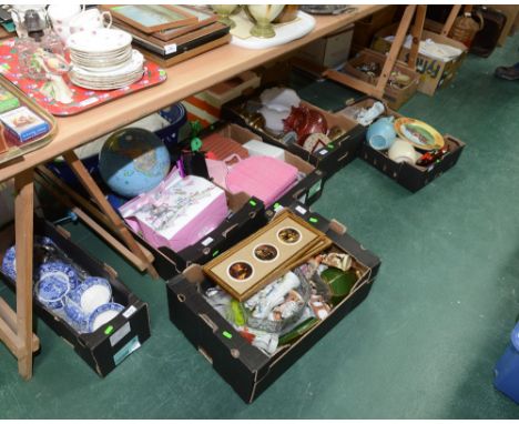 Six boxes inc. oil lamps (converted), studio pottery, toys, table globe lamp, blue and white, Continental figures etc